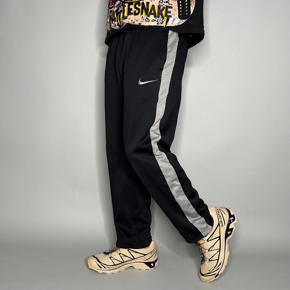 Vintage Y2K Nike Sweatpants Mens L Baggy Wide Leg Black Grey Swoosh Polyester